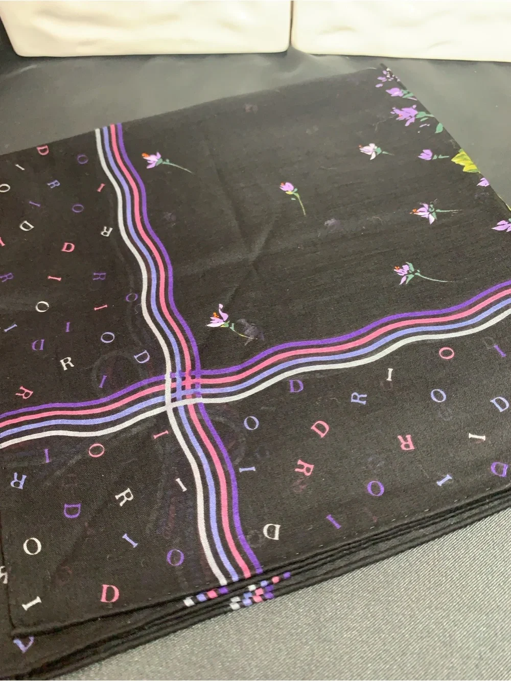 Christian Dior Floral Silk Scarf — Black with Purple & Pink Bouquet